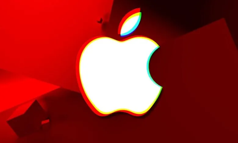 Apple logo with a glitch effect, set against a dark red background with geometric shapes.