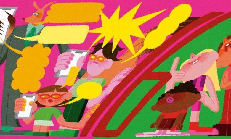 Stylized illustration of people using smartphones, surrounded by speech bubbles; vibrant colors and bold lines.