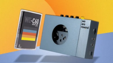Retro cassette tape and player. A We Are Rewind branded cassette and matching portable player float against a yellow and blue background.