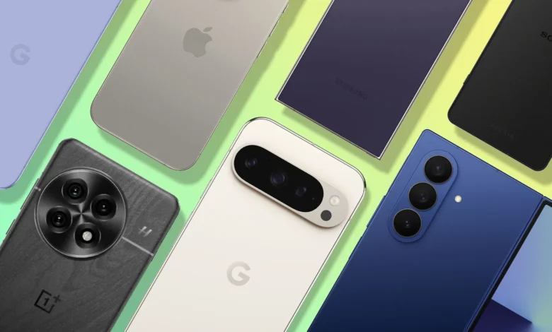 Top smartphones arranged on a vibrant green background, showcasing various designs and camera systems.