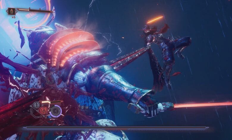 A dynamic video game scene depicts a fierce battle between a ninja-like figure and a large, bloodied mech. Red energy slashes across the screen.