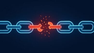 Broken chain link with glowing red and blue segments, symbolizing disruption or vulnerability.