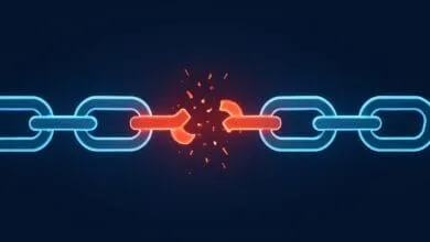 Broken chain link with glowing red and blue segments, symbolizing disruption or vulnerability.