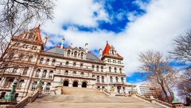 Grand staircase leading to the New York State Capitol building on a sunny day.