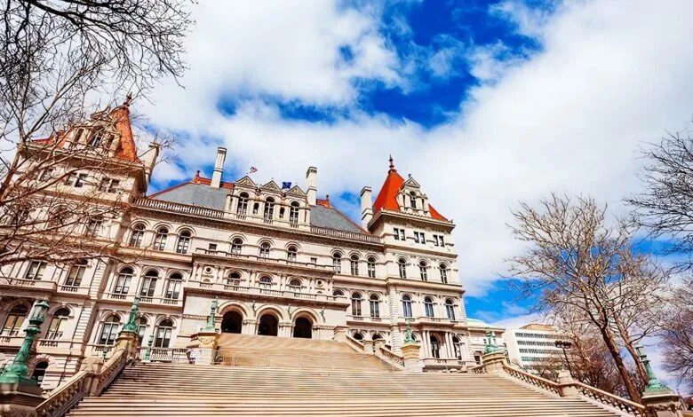 Grand staircase leading to the New York State Capitol building on a sunny day.