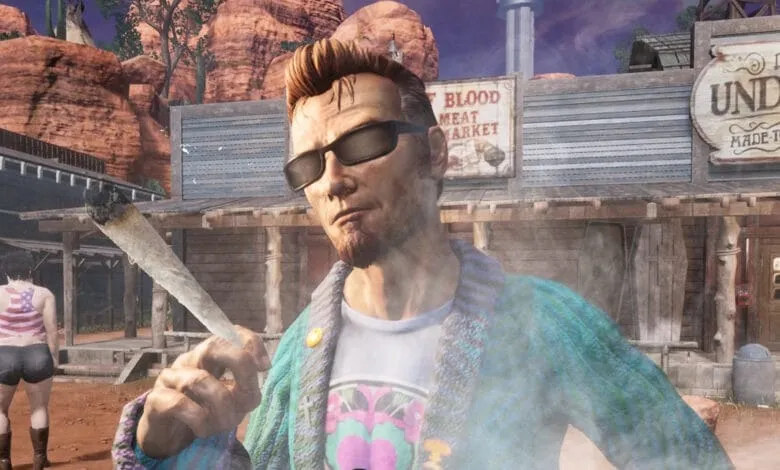 A man in sunglasses and a colorful cardigan holds a joint in a dusty Western town. Smoke obscures part of the scene.