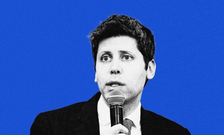 Sam Altman, CEO of OpenAI, speaks into a microphone against a vibrant blue background.
