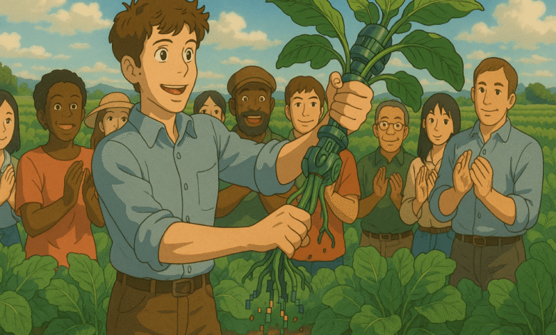 A young man proudly displays a technologically advanced plant to a cheering crowd in a field.