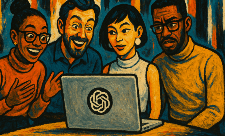 A stylized painting of four diverse people reacting to something on a laptop. Warm colors and expressive faces convey excitement and intrigue.