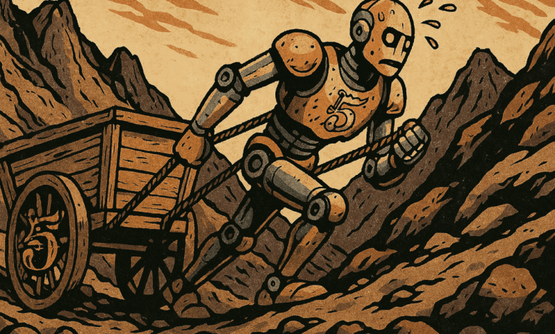 A retro-style illustration of a robot straining to pull a wooden cart uphill through a rocky mountain pass.
