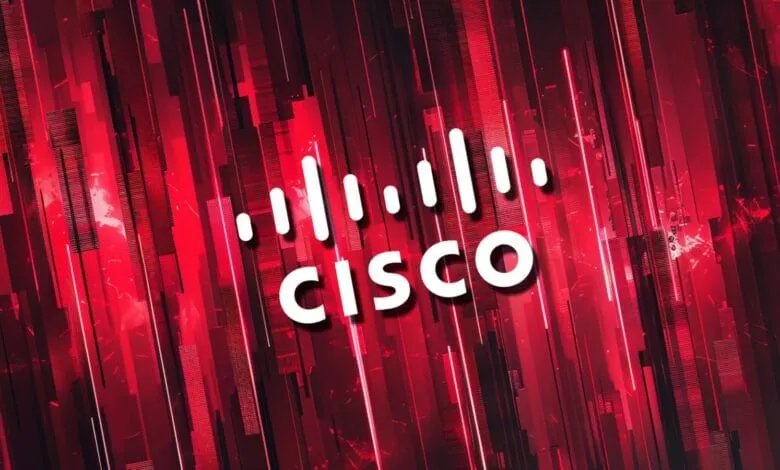 Cisco logo in white against a dynamic red and black background of vertical lines and glowing streaks.