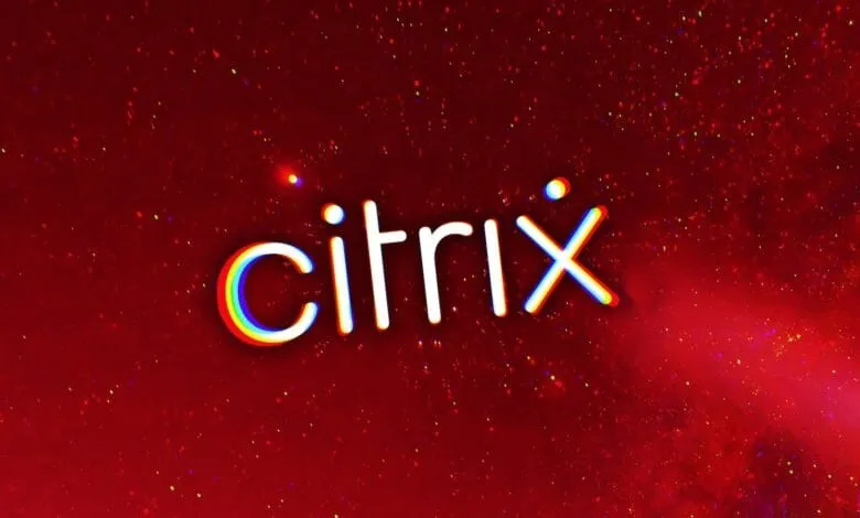 Citrix logo with a glitch effect on a dark red background.