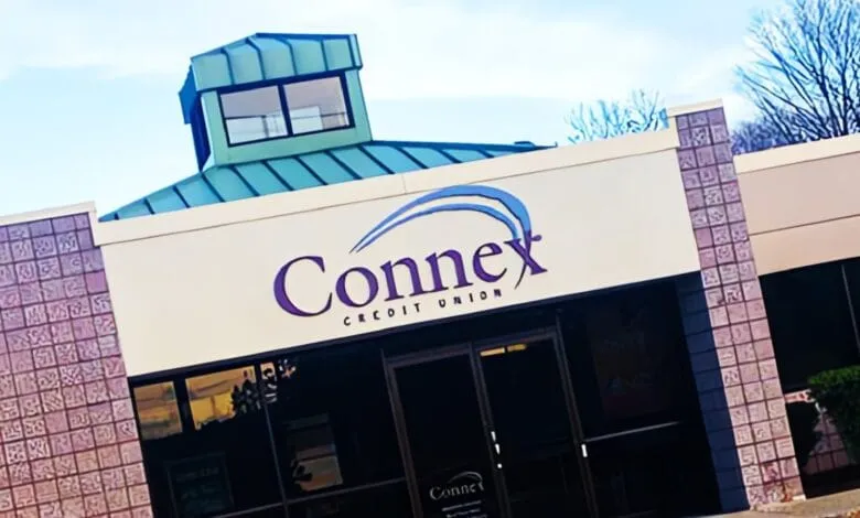 Connex Credit Union building exterior shot, featuring a teal roof and purple logo.