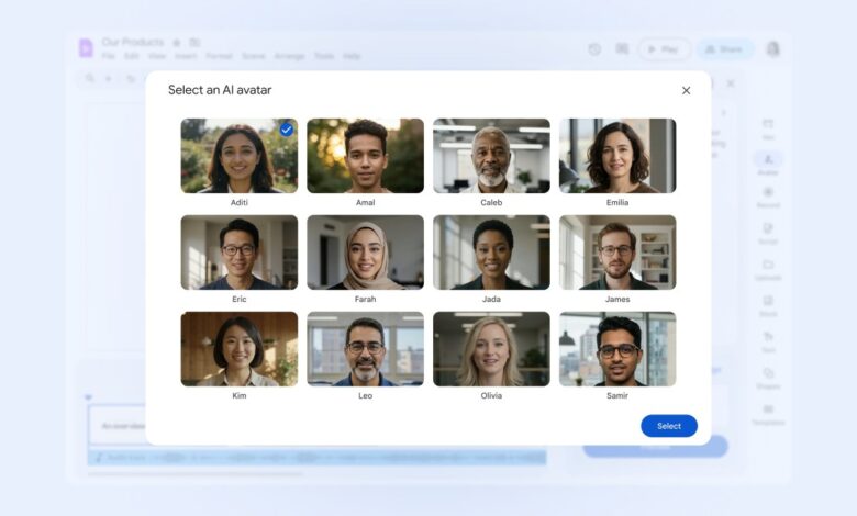Screenshot showing a selection of diverse AI avatars for a user to choose from.