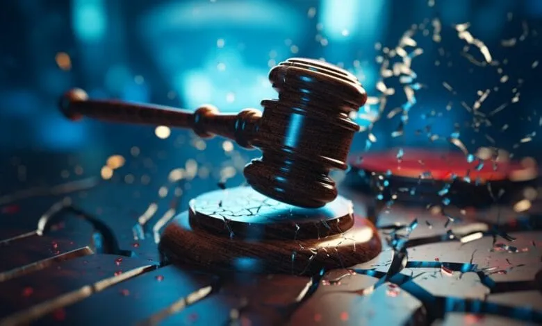 A judge's gavel shatters a sound block, symbolizing the power of justice and legal decisions.
