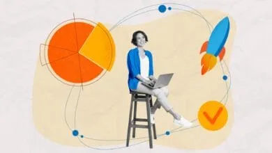 A smiling businesswoman works on her laptop, surrounded by colorful graphics of a pie chart, rocket, and checkmark, symbolizing business success.