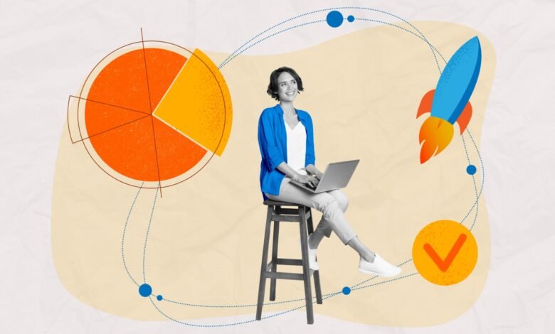 A smiling businesswoman works on her laptop, surrounded by colorful graphics of a pie chart, rocket, and checkmark, symbolizing business success.