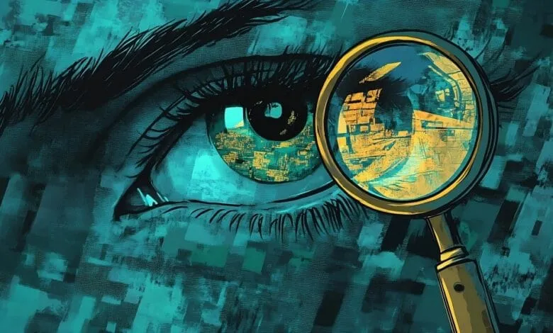 Close-up of a stylized eye with a magnifying glass reflecting a cityscape, teal and gold tones.