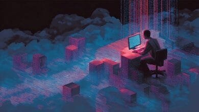 Person working at computer in surreal digital cityscape with data streams. Pink and blue hues.