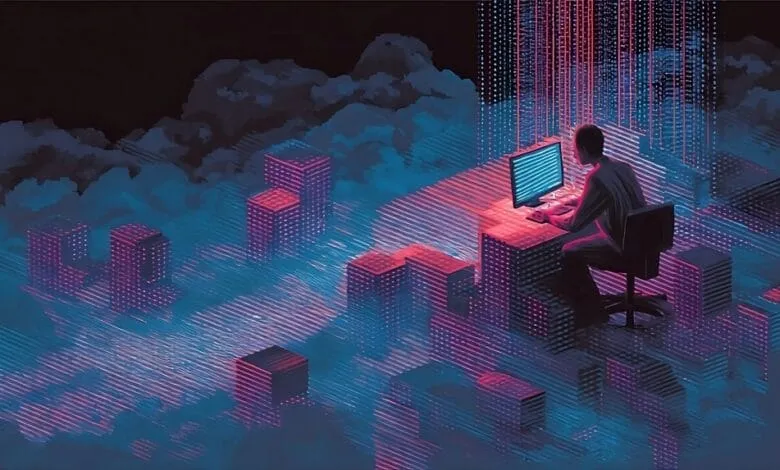 Person working at computer in surreal digital cityscape with data streams. Pink and blue hues.