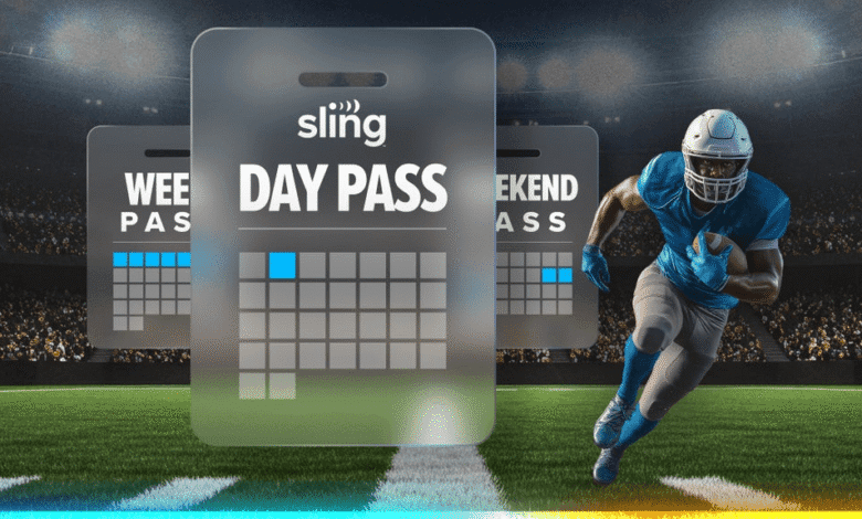 Sling TV Day Pass ad: Football player runs across field with digital calendar cards showing daily, weekly, and weekend pass options.
