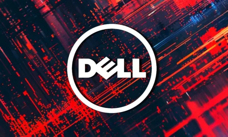 Dell logo in white, encircled, on a background of red and black streaks suggesting technological speed and energy.