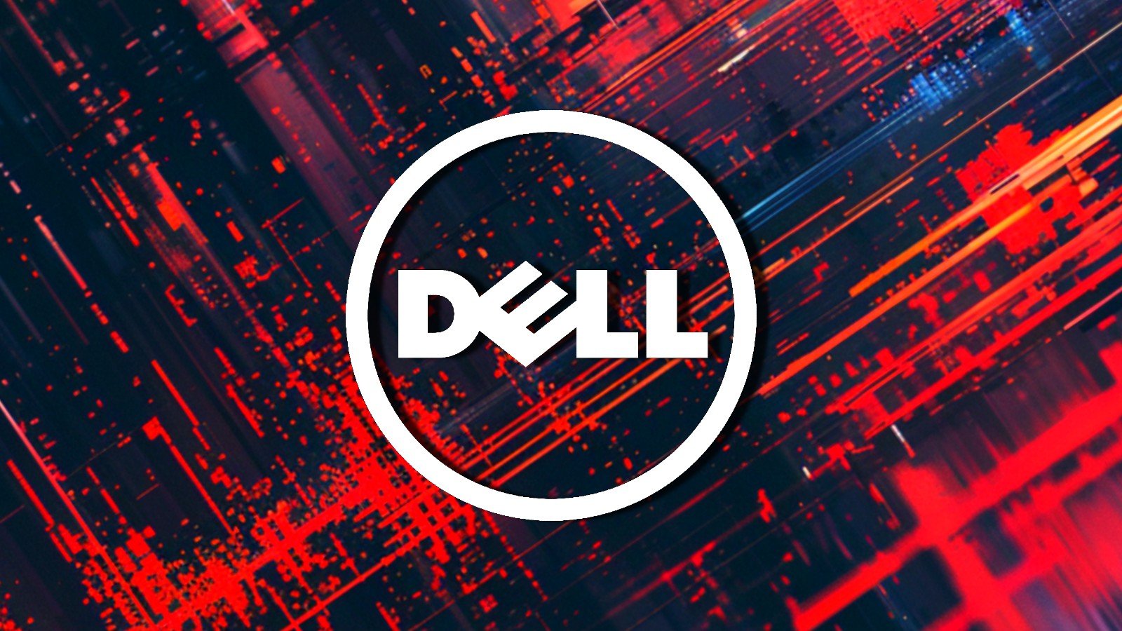 Dell logo in white, encircled, on a background of red and black streaks suggesting technological speed and energy.