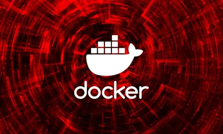 Docker logo: white whale icon with containers, against a red swirling background.