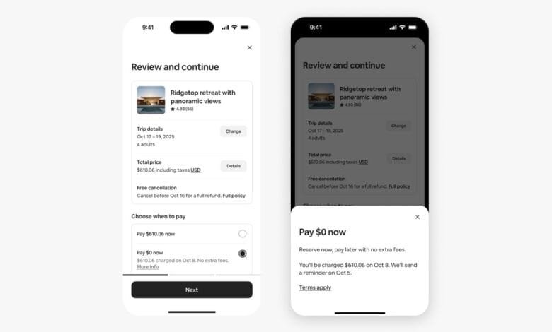 Two phone screens show Airbnb booking details for a Ridgetop retreat. One screen displays payment options, the other confirms a $0 initial payment.