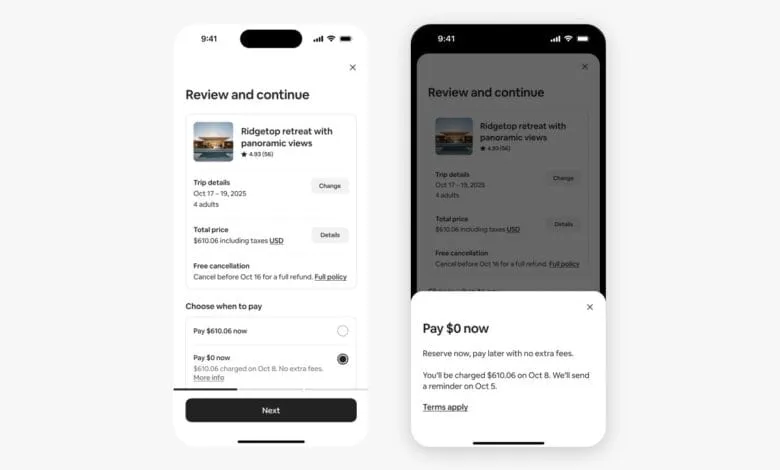 Two phone screens show Airbnb booking details for a Ridgetop retreat. One screen displays payment options, the other confirms a $0 initial payment.