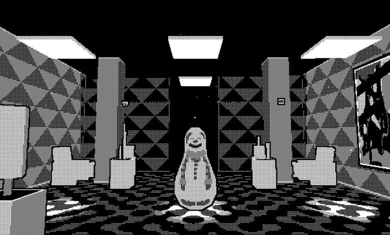 A pixel art hallway scene in black and white, featuring a figure standing in the center.
