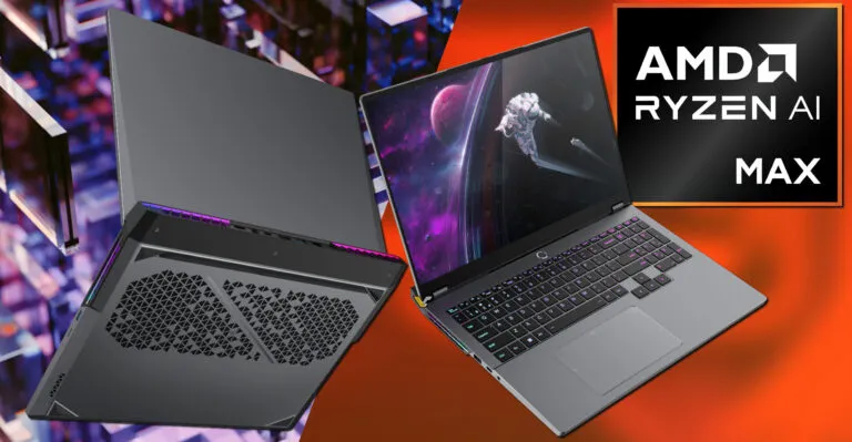 AMD Ryzen AI Max laptop shown open and closed, showcasing its design and features.