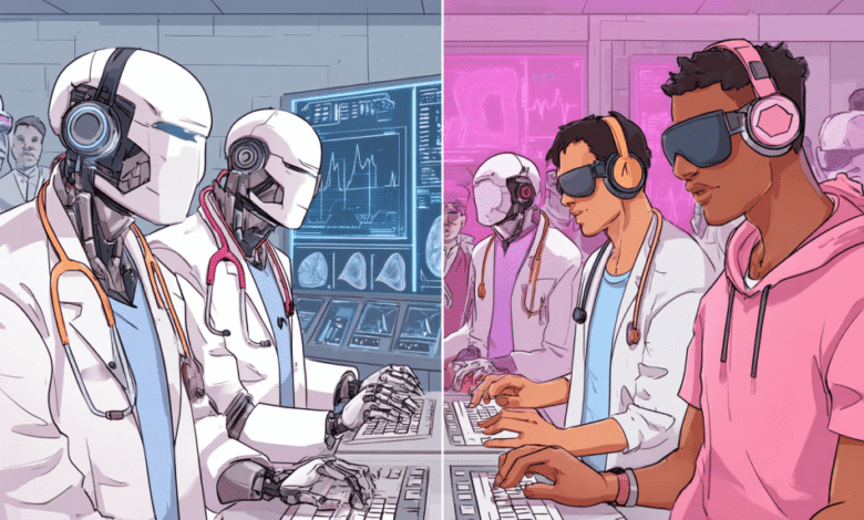 Robots and humans collaborate in a futuristic medical setting, working side-by-side on computer consoles.