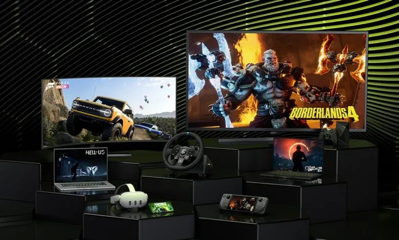 GeForce Now gaming setup showing various devices streaming games like Forza Horizon 5 and Borderlands 4.