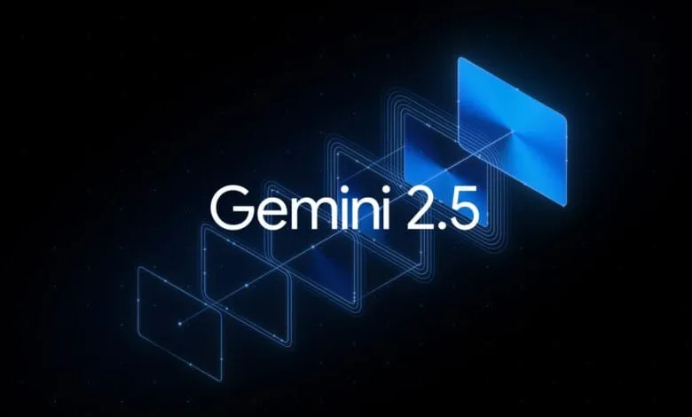Gemini 2.5 logo: glowing blue geometric shapes connected by lines against a dark background.