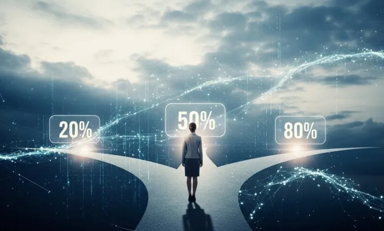 Businesswoman stands at a fork in the road, facing choices marked 20%, 50%, and 80%, representing risk and reward.