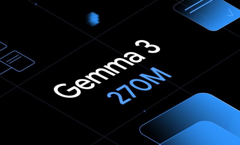 Gemma 3, a 270M parameter model, is showcased with a dark background and blue accents, highlighting its size and capabilities.