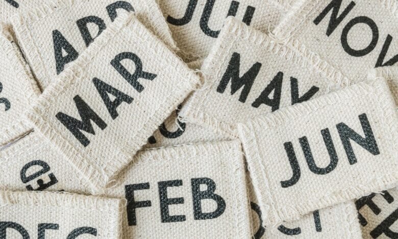 Close-up of fabric squares with months of the year printed on them, overlapping and creating a textured background.