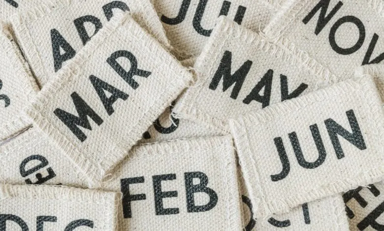 Close-up of fabric squares with months of the year printed on them, overlapping and creating a textured background.