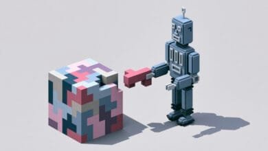 A pixelated robot carefully places a piece into a large, colorful 3D puzzle cube.