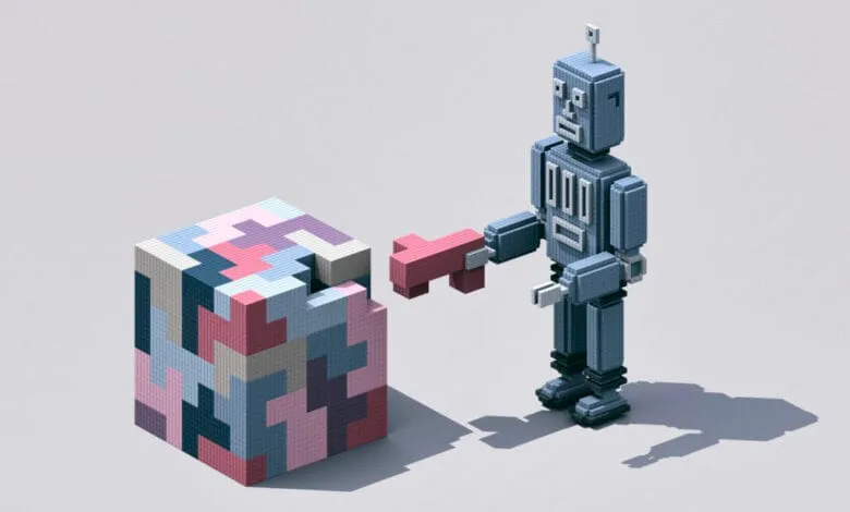 A pixelated robot carefully places a piece into a large, colorful 3D puzzle cube.