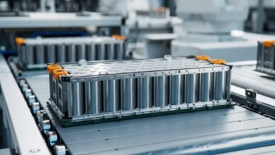 Close-up of cylindrical EV battery cells in a module on a production line.