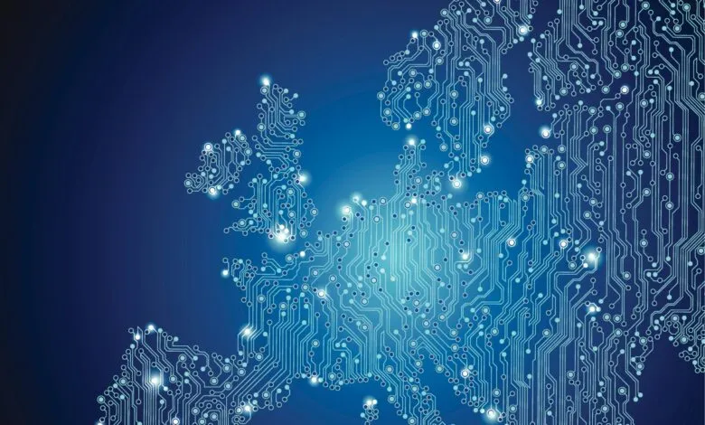 Europe map formed by circuit board design, glowing blue and teal, representing digital technology in Europe.