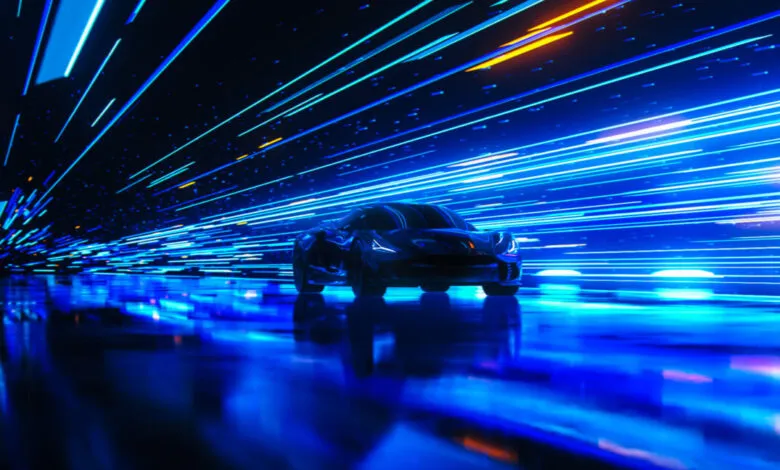 Sleek black sports car speeding through a neon-lit tunnel, vibrant blue and orange streaks blurring in motion.