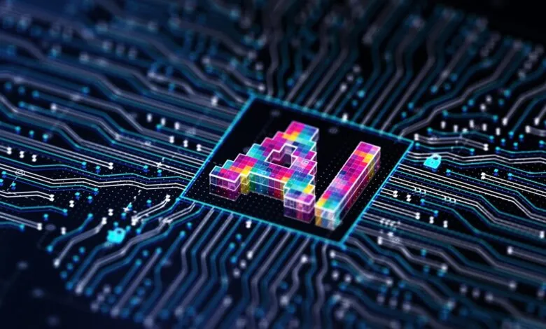 AI symbol rendered in colorful pixels on a circuit board, representing artificial intelligence technology.