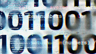 Glitched digital image showing binary code and numbers, with a distorted, retro effect.