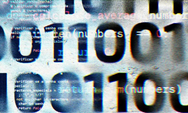 Distorted binary code with glitch effects, showing numbers and programming text.