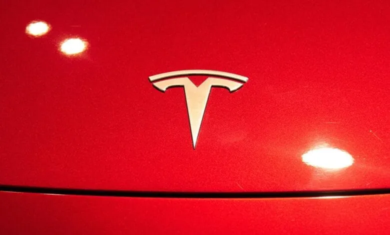 Close-up of a silver Tesla logo on a vibrant red car hood.