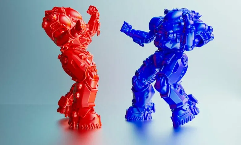 Red and blue robots facing off, appearing ready to fight. CGI render.