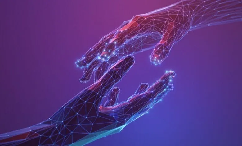 Two abstract, polygonal hands reach toward each other against a purple background, glowing with blue and pink light.